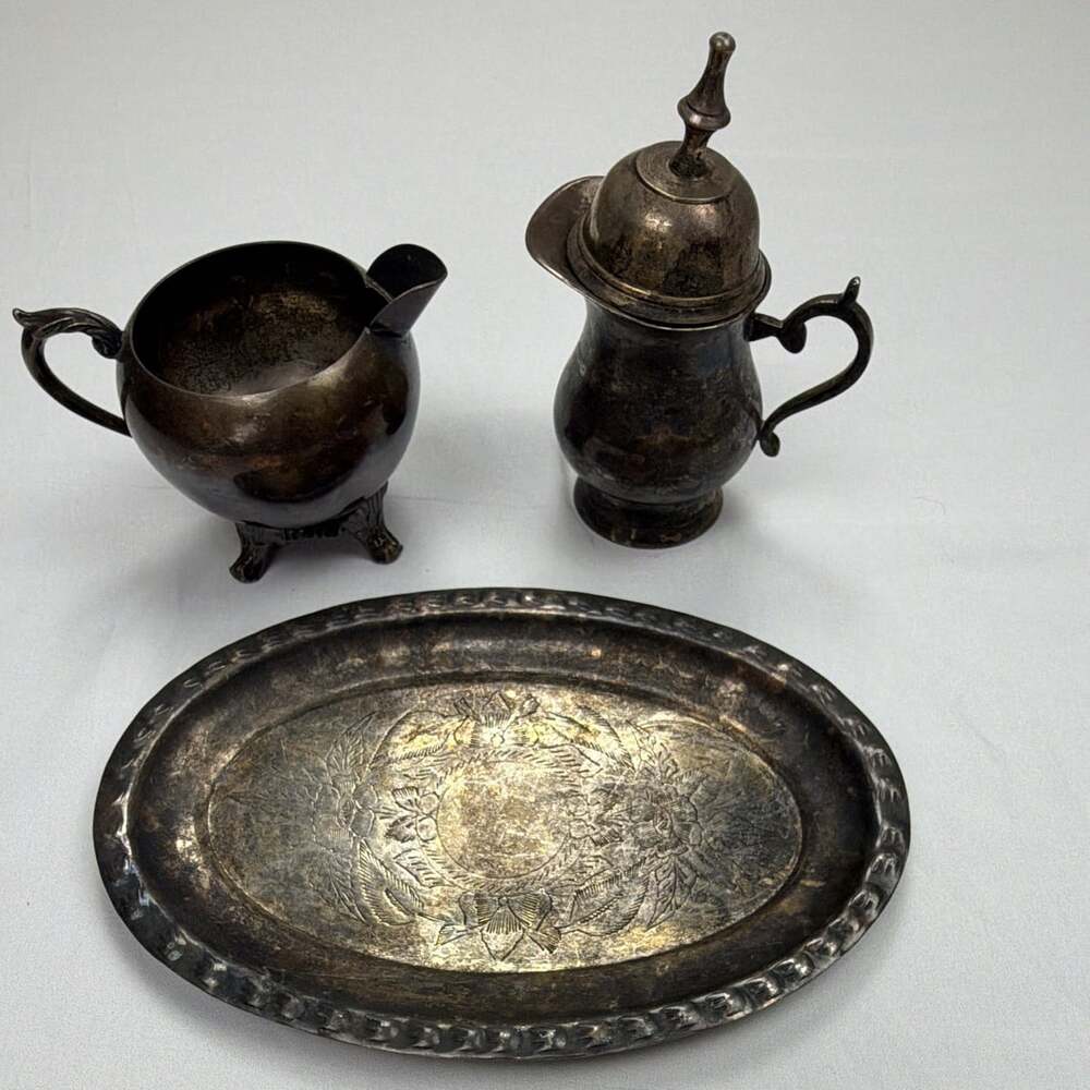 Antique Silverplate Creamer, Sugar Bowl w/ Lid & Oval Tray 3-Piece Set